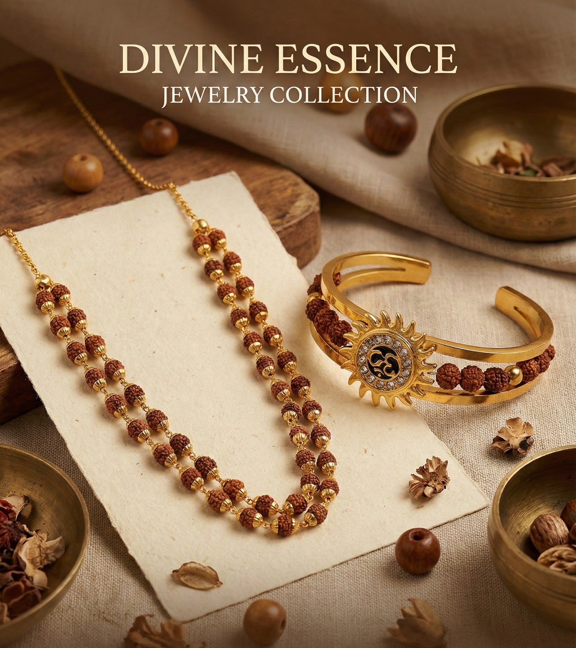 Divine Rudraksha & Sun Om Jewelry Set (Gold Plated)