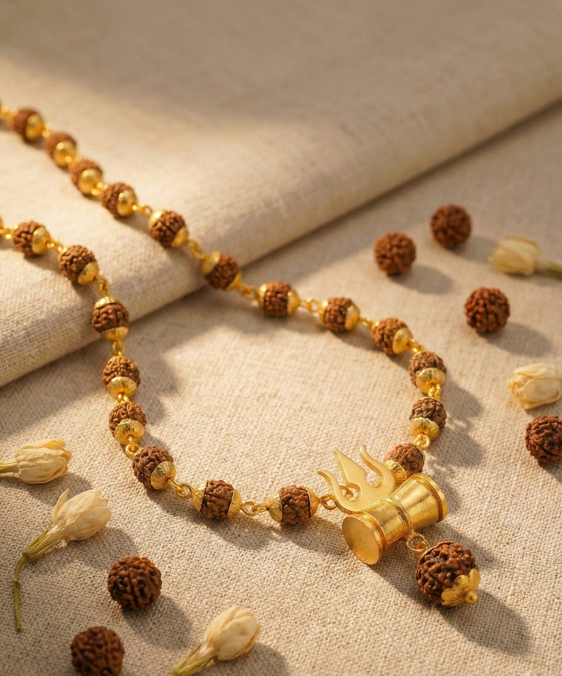 Gold Plated Rudraksha Bracelet with Trishul & Damru Charm for Men