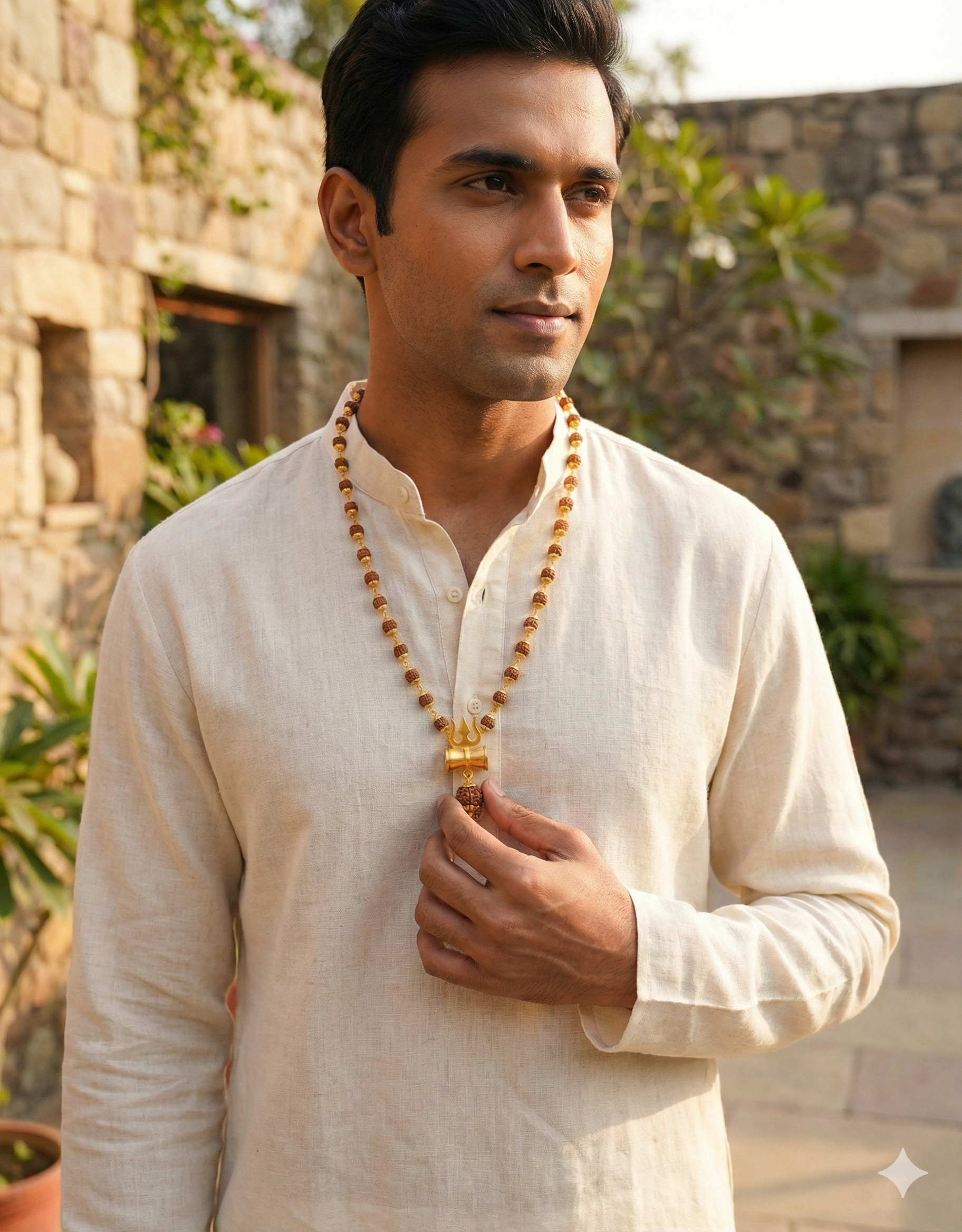 Gold Plated Rudraksha Bracelet with Trishul & Damru Charm for Men