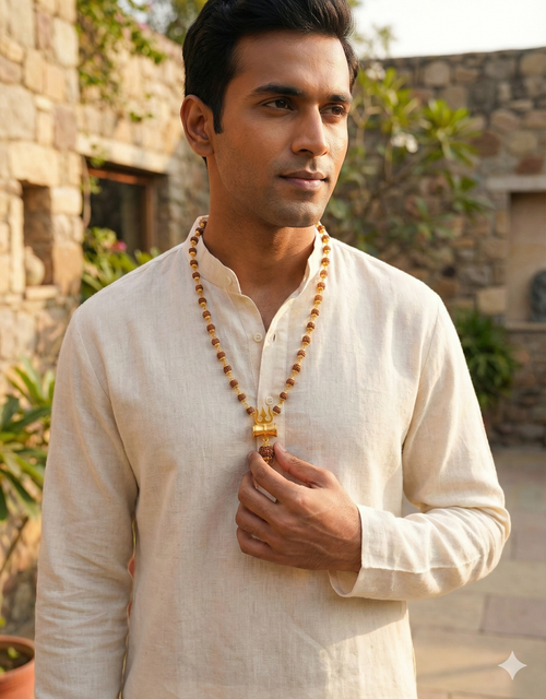 Gold Plated Rudraksha Bracelet with Trishul & Damru Charm for Men