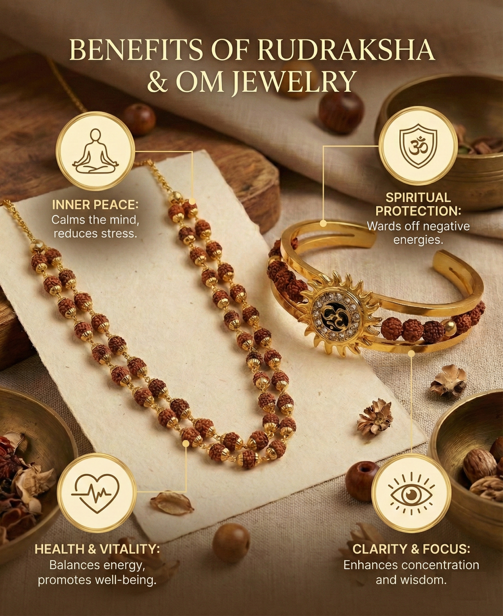 Divine Rudraksha & Sun Om Jewelry Set (Gold Plated)